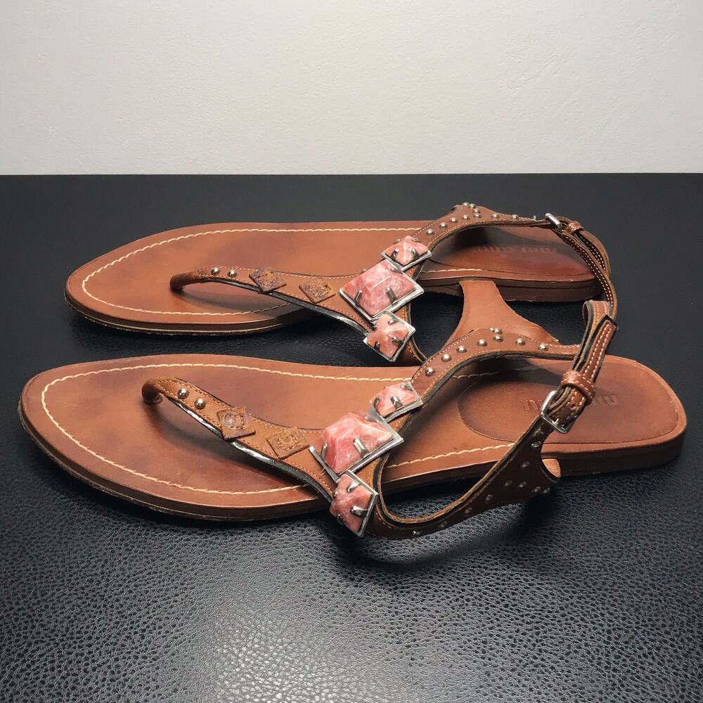 Miu Miu SZ 41 Brown Leather Thong Gladiator Sandals Pink Silver Pyramid Studs - Picture 11 of 13